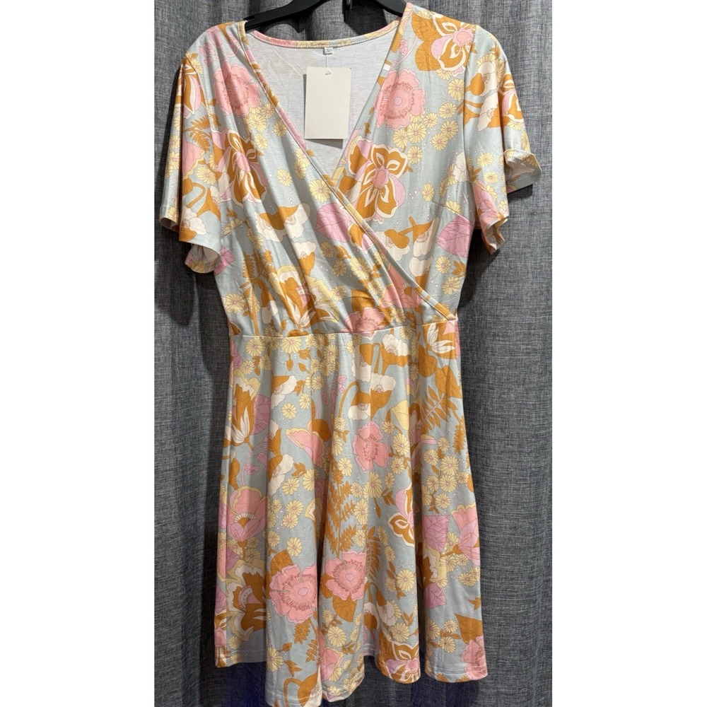 ETCYYNEW Woman Size Large Floral Print Short Sleeve Fit & Flare Dress V Neck NWT
